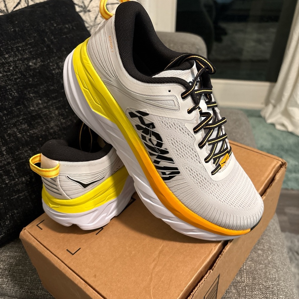 Hoka White and Yellow Athletic Shoes with Cushioned Midsole